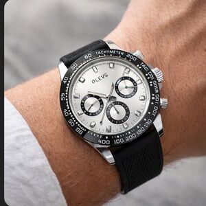 OLEVS Men’s Watch Black Silicone Band Chronograph Style Silver Dial New in Box